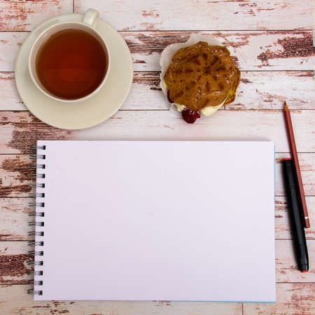 Mock up. Designer tools on work table wooden background top viewの写真素材