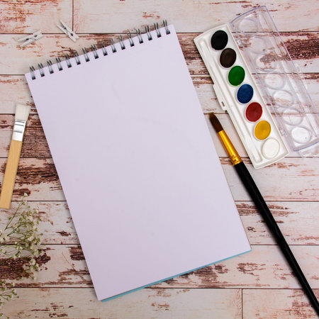 Mock up. Designer tools on work table wooden background top viewの写真素材