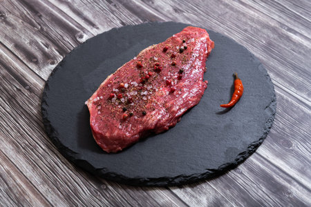 Raw fresh marbled meat and seasonings on dark background top viewの写真素材