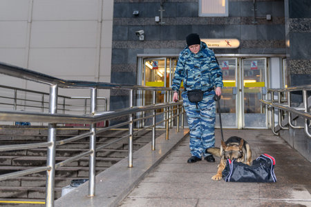Female police officer with a trained dog sniffs out drugs or bomb in luggage. German shepherd police...