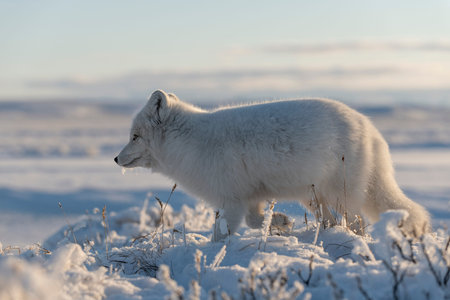 Wild arctic fox (Vulpes Lagopus) in tundra in winter time. white arctic fox.