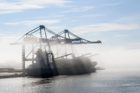 Container ship in port, strong fog. Foggy weather. Bad visibility.の写真素材
