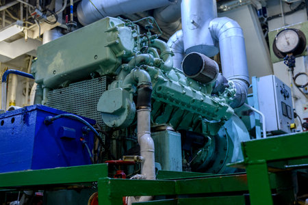 Marine engine. Diesel generator. Engine room interior.