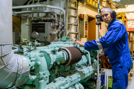 Marine Engineer in blue overall working in Engine room of ship. Work at sea. Motorman.の写真素材