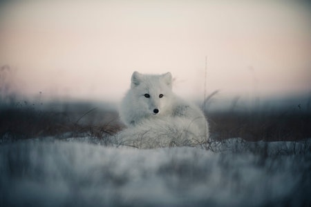 Wild arctic fox (Vulpes Lagopus) in tundra in winter time. White arctic fox lying.
