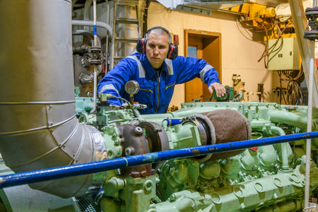 Marine Engineer in blue overall working in Engine room of ship. Work at sea. Motorman.