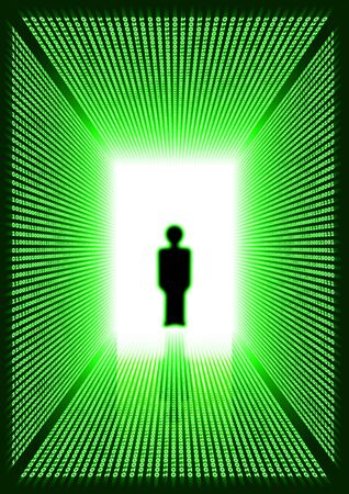 Dark green rectangular digital corridor shined in the distance and blurred silhouette of a person standing in a doorway and reflection on a floorの写真素材