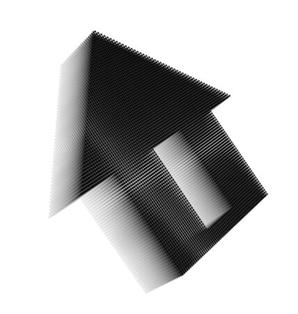 Black pixel icon-like three-dimensional image of house with rectangular door on white background in diagonal viewの写真素材