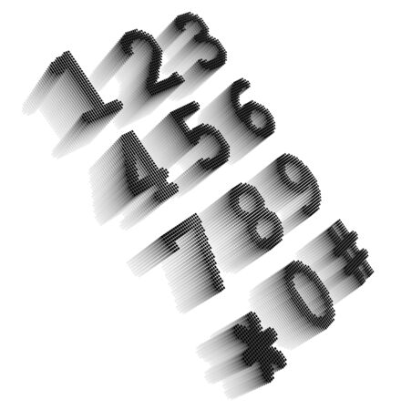 Black pixel icon-like three-dimensional image of digital telephone keypad on white background in diagonal viewの写真素材