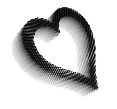 Black three-dimensional icon-like pixel image of heart on white background in diagonal viewの写真素材