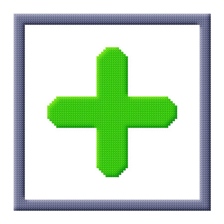 Pixel icon image of green plus sign in gray frame consisting of cubesの写真素材