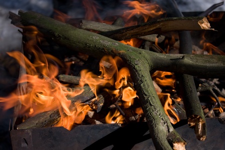 Thick dry broken tree branches burning in an iron brazier under sunlight closeup viewの写真素材