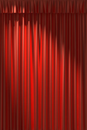 Red silk curtain with gathers under the diagonal spot lightの写真素材