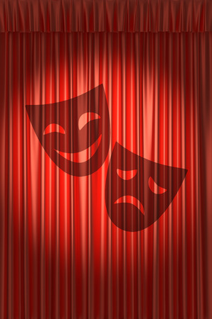 Red theater curtain with shadow of two masks with gathers under round spot lightの写真素材
