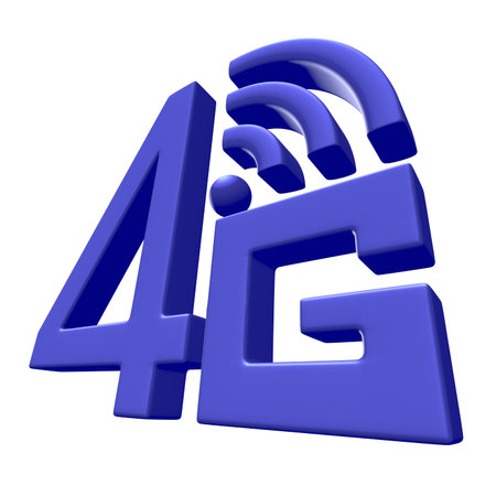 Mobile high speed data connection telecommunication concept: blue abstract 4G LTE wireless communication technology icon symbol isolated on white backgroundの写真素材