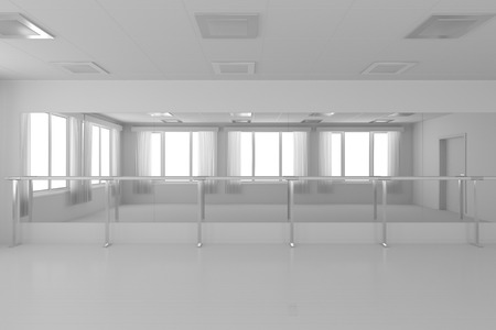 White empty training dance-hall with white flat walls without textures, white parquet floor, white ceiling with lamps and window with white curtains, 3D illustrationの写真素材