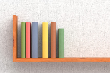 Colored books on wooden bookshelf on the wall with white wallpaper 3D illustrationの写真素材