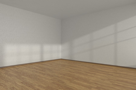 White empty room corner with wooden parquet floor under sun light through windows, 3D illustrationの写真素材