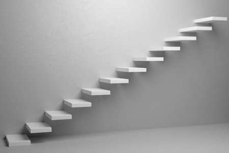 Business rise, forward achievement, progress way, success and hope creative concept: Ascending stairs of rising staircase in white empty room 3d illustrationの写真素材