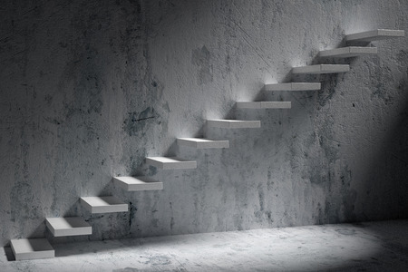 Business rise, forward achievement, progress way, success and hope creative concept: Ascending stairs of rising staircase in dark rough empty room with light 3d illustrationの写真素材