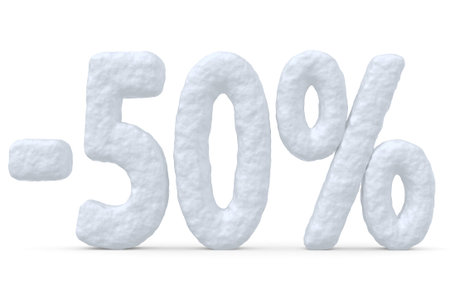 Winter retail, sale, commercial and business advertisement creative abstract concept; christmas sale discount offer, snowy special 50 percent price cut off text made of snow isolated on white.の写真素材