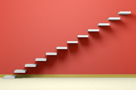 Business rise, forward achievement, progress way, success and hope creative concept: Ascending stairs of rising staircase in empty red room with beige floor and plinth, 3d illustrationの写真素材