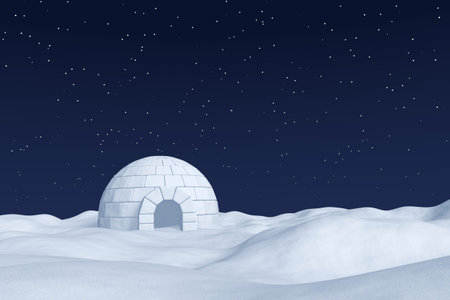 Winter north polar natural night snowy landscape: eskimo house igloo icehouse made with white snow at night on the surface of white polar snow field under cold night north sky with bright starsの写真素材