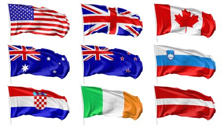 National flags on flagpole flying in the wind isolated on white set, 3d illustrationの写真素材