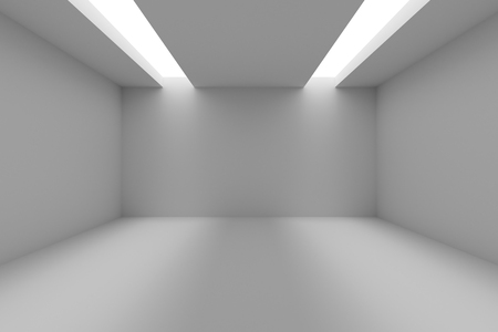 Abstract industrial architecture interior: empty room with white walls, floor and ceiling and with opening in ceiling for lighting, 3d illustrationの写真素材