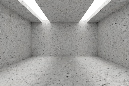 Abstract industrial architecture interior: empty room with spotted concrete walls, floor and ceiling and with opening in ceiling for lighting, 3d illustrationの写真素材