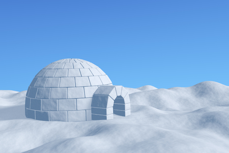 Winter north polar snowy landscape - eskimo house igloo icehouse made with white snow on the surface of snow field under cold north blue sky closeup view 3d illustrationの写真素材