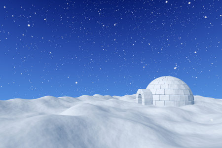 Winter north polar snowy landscape - eskimo house igloo icehouse made with white snow on surface of...