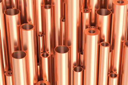 Metallurgical industry production and non-ferrous industrial products abstract illustration - many different various sized stainless metal shiny copper pipes, industrial background 3D illustrationの写真素材