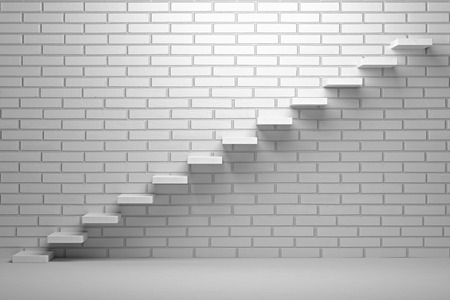 Business rise, forward achievement, progress way, success and hope creative concept - Ascending stairs of rising staircase in empty room with white brick wall with light, 3d illustrationの写真素材