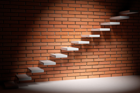 Business rise, forward achievement, progress way, success and hope creative concept - Ascending stairs of rising staircase in dark empty room with red bricks wall with spot light, 3d illustrationの写真素材