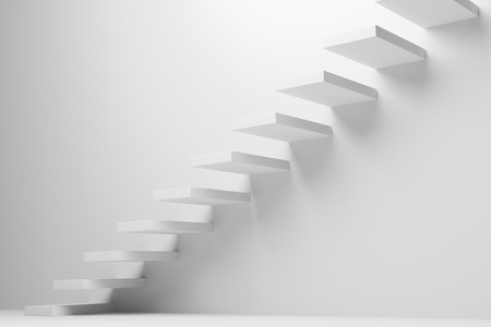 Ascending stairs of rising staircase going upward in white empty room abstract 3d illustration. Business growth, progress way and forward achievement creative concept.の写真素材