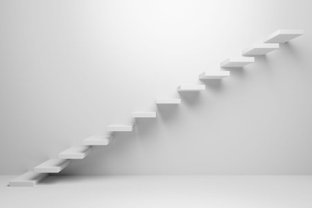 Ascending stairs of rising staircase going upward in white empty room, abstract white 3d illustration - Business growth, progress way and forward achievement creative conceptの写真素材