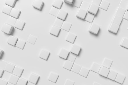 Abstract white graphic wall background made of white cubes in front view, 3d illustration for different conceptual graphic design projectsの写真素材