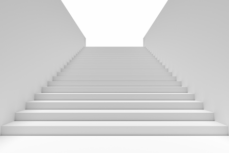 Long staircase with white stairs and walls in underground passage going up to the light, 3d illustrationの写真素材