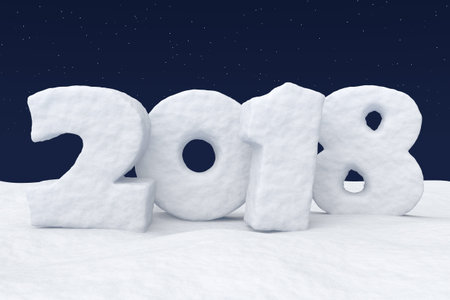 New Year 2018 text written with numbers made of snow on the snowy field at night under cold north...