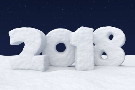 New Year 2018 sign text written with numbers made of snow on snowy field at night under cold north clear night sky with bright stars, 2018 year winter snow symbol 3d illustrationの写真素材