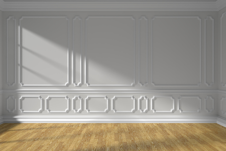 White empty room interior with sunlight from window, white decorative classic style molding frames on walls, wooden parquet floor and white baseboard, 3d illustrationの写真素材