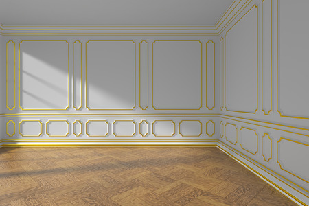 White empty room interior with sunlight from window, decorative classic style golden molding on walls, wooden parquet floor and white baseboard, 3d illustrationの写真素材