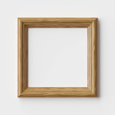 Wood blank square frame for picture or photo on white wall with shadows, decorative wooden picture frame template, art frame mock-up 3D illustrationの写真素材