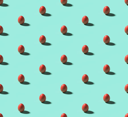 Red easter eggs on pastel blue cyan, minimalistic isometric seamless background. Minimal food...