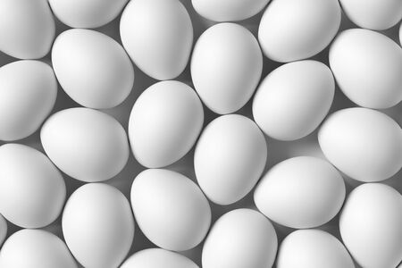 White chicken eggs with soft shadow colorless background, healthy food, dietary meal and Easter achromatic background mockup 3D illustrationの写真素材