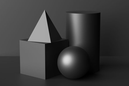 Abstract geometric platonic solids figures low key black still life composition. Three-dimensional...