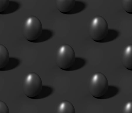 Black chicken eggs with shadow on black colorless seamless isometric background, achromatic black background, 3D illustrationの写真素材