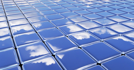 Flat glossy smooth surface made of metal shiny cubes under blue sky with white clouds, abstract blue...