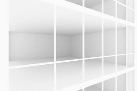 White empty business office room with white floor, ceiling and walls and light from large windows and empty space view from outside through the window, colorless business office room 3d illustration.の写真素材